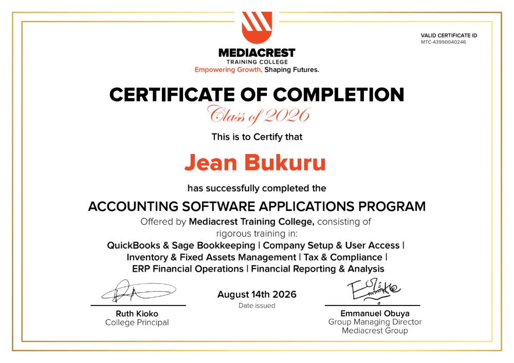 Mediacrest Training College Accounting Software Applications Certificate